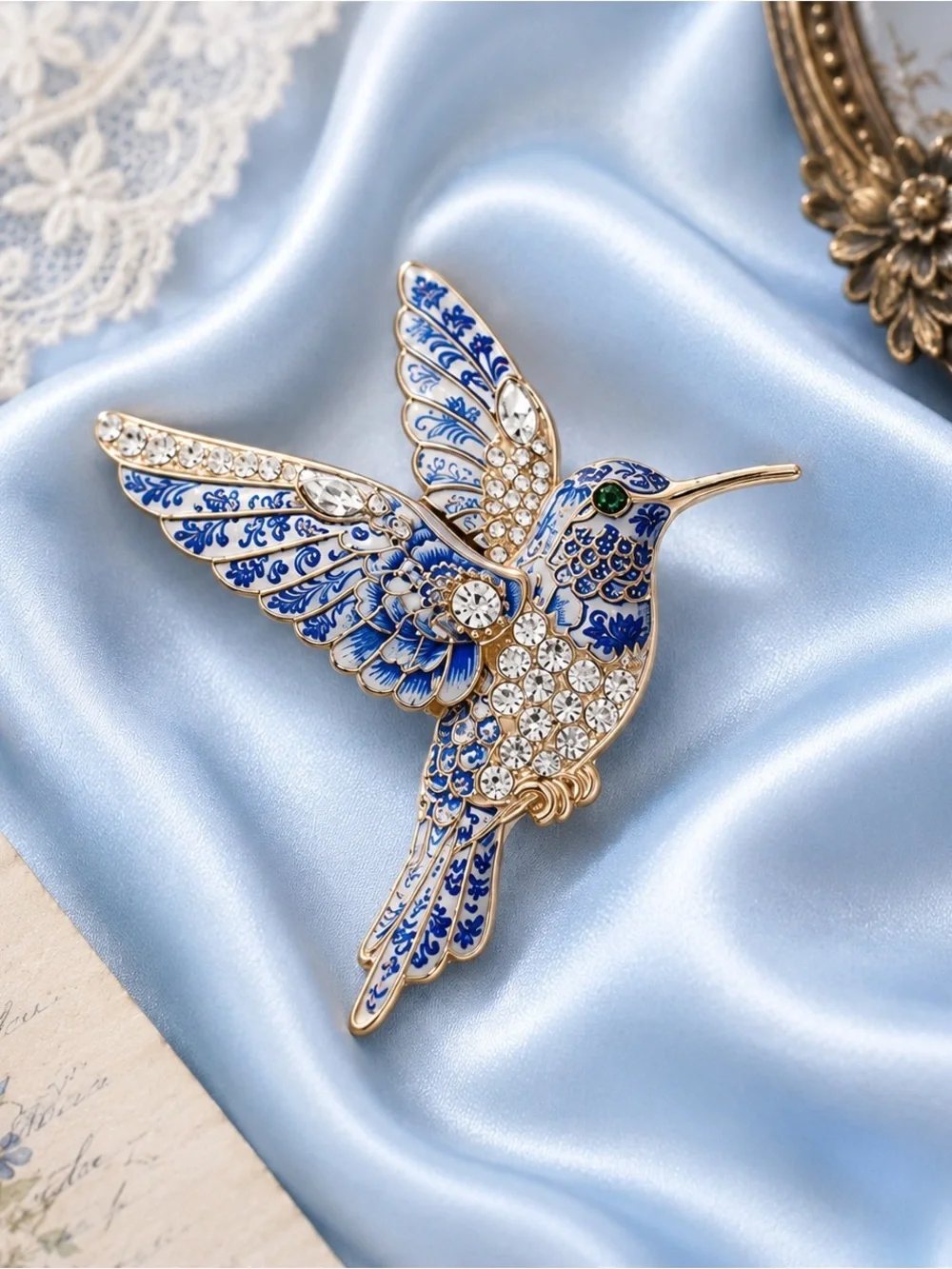 Blue Crystal Hummingbird Brooch